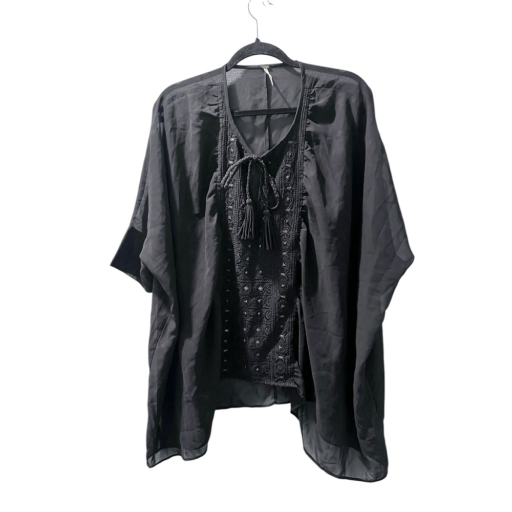 Free people Oversized Sheer Black Tunic Embroidered Shirt Size M/L Resort